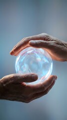 Naklejka premium Protective hands cupping glowing crystal sphere with rainbow reflections symbolizing care, protection, energy healing and spiritual wellness concepts.