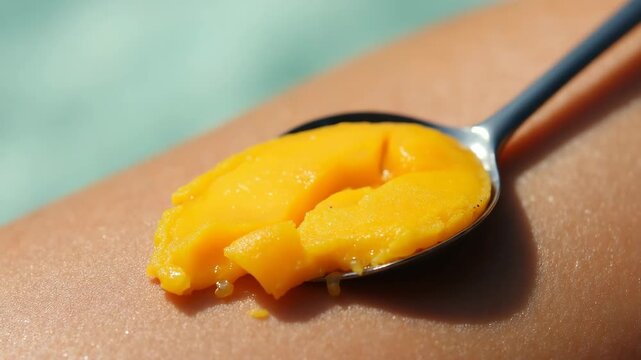 A close-up shot of a spoon with yellow mango sorbet resting on a blurred skin background, evoking a refreshing summer vibe. Ideal for concepts related to desserts, summer, and tropical foods.