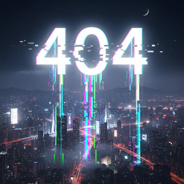 Glowing 404 error code appears in futuristic cityscape at night