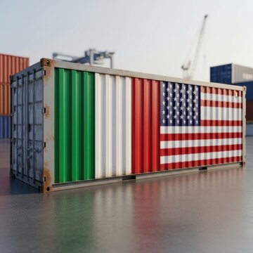 International shipping container with Italian and USA flags