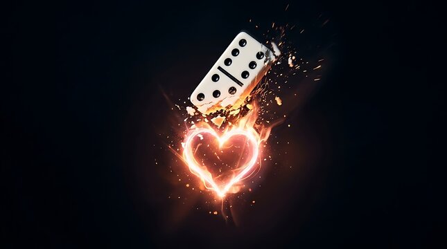 Domino tile descends toward a radiant burning heart of fire floating in a deep black void.