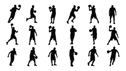 Fototapeta premium Silhouettes of basketball players in various dynamic poses showcasing movement and athletic action high quality professional
