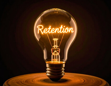 Retention - Glühbirne mit einem Glühdraht das aussieht wie das Wort "Retention"