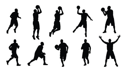 Fototapeta premium Silhouettes of basketball players in various action poses showcasing dynamic movement and athleticism high quality professional