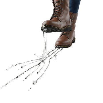 Water dripping from brown boots.
