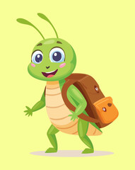 Obraz premium Smart grasshopper character wearing a backpack for back to school themes and children educational posters about insect travels and nature exploration for kids