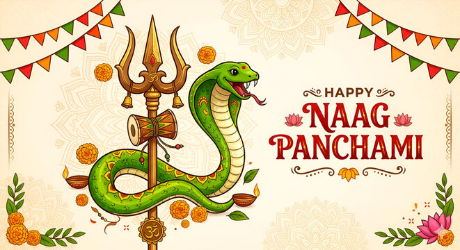Happy Nag Panchami Indian Festival Illustration with Green Cobra and Trishul