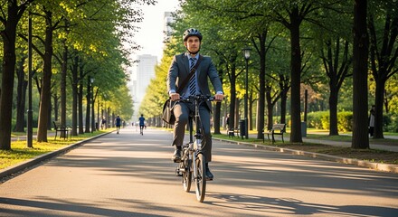 Obraz premium Young man riding bicycle on tree-lined park pathway during daytime.