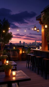 Wooden rooftop terrace with bar and cozy seating decorated in warm style