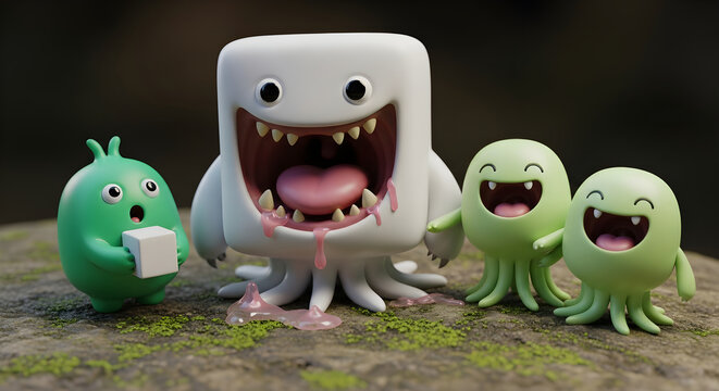3d rendered cute cartoon monsters with a white cube and pink slime on a mossy stone surface
