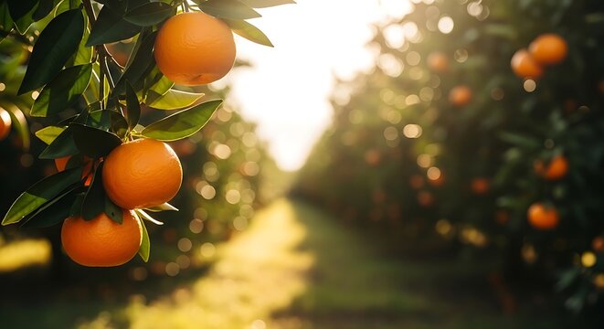​A cluster of juicy citrus fruits matures on a branch against a hazy, sun-kissed agricultural landscape at sunset.