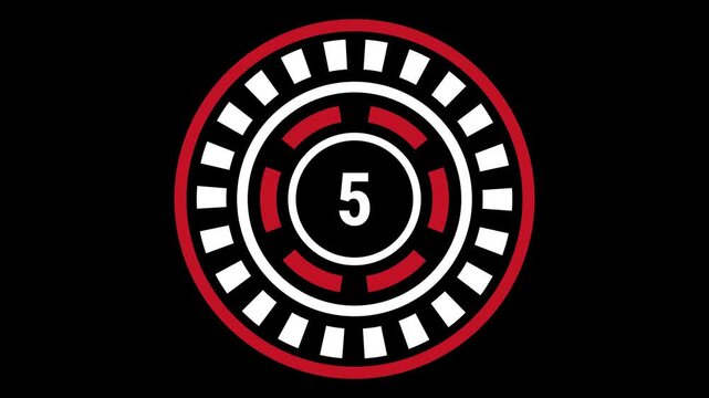 10-second gear-style countdown in red and white on black background with blinking outer ring, rotating inner dash ring, and changing center number.