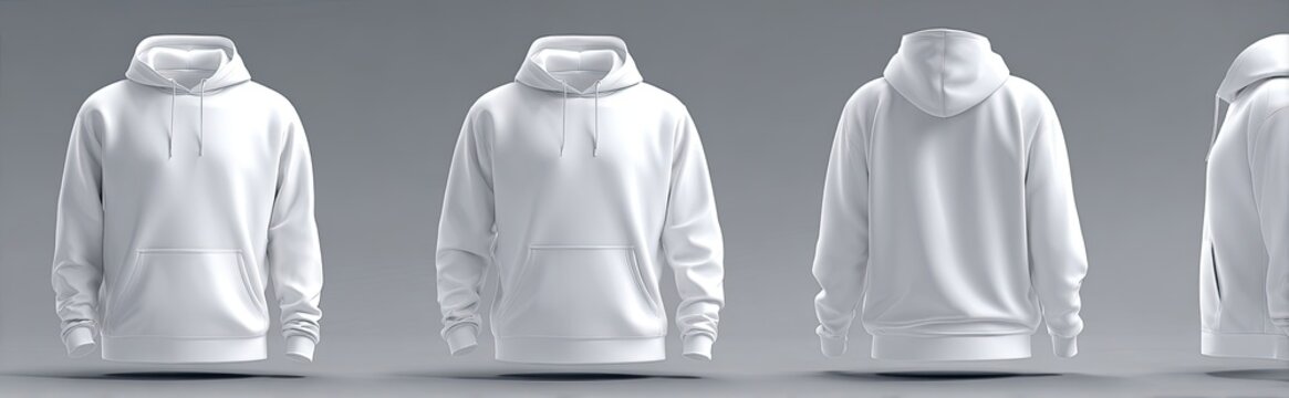 A series of white hoodies in different views, showcasing the design
