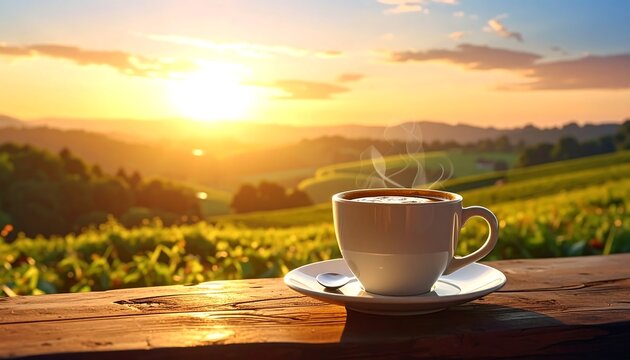 A steaming mug of coffee sits on a wooden surface against a picturesque backdrop of rolling hills and a vibrant sunset