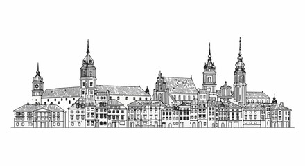 Fototapeta premium Detailed black and white sketch of an old European city skyline with steeples and buildings