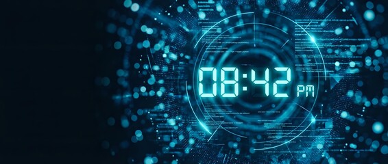 Obraz premium Digital clock display showing 08:42 PM surrounded by futuristic holographic interface with glowing blue circuits and data streams for technology concepts.