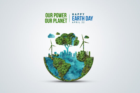 Our power, our planet. Earth day 2026 concept background. Ecology concept. Design with globe map drawing and leaves isolated on white background.