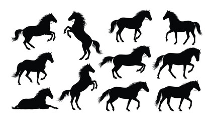 A collection of black silhouette illustrations depicting horses in various dynamic poses and activities high quality © Bipul