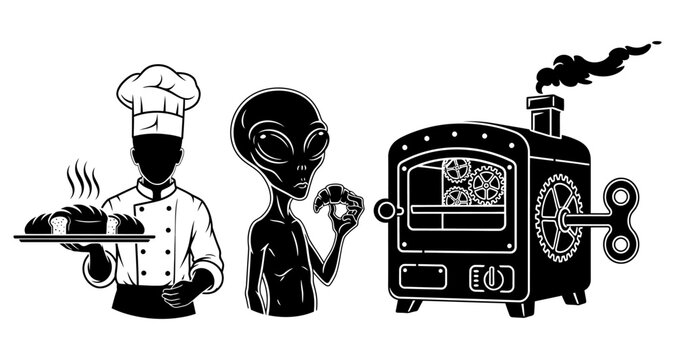 Chef with bread and alien with croissant by steampunk oven silhouette