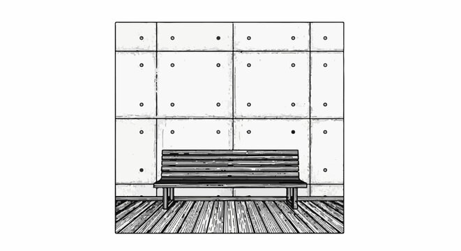 Minimalist interior with concrete wall, wooden bench, and textured floor