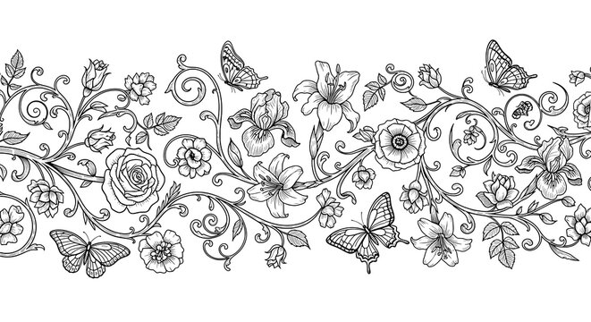 Elegant Vintage Floral Border Pattern with Butterflies in Black and White Line Art
