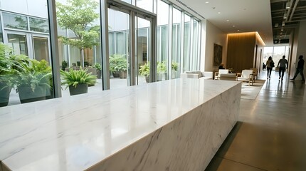 Fototapeta premium Modern office lobby with marble reception desk, floor-to-ceiling windows, and professional business interior design for corporate workspace environments.