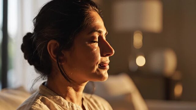 Peaceful woman closing eyes enjoying warm sunlight indoors
