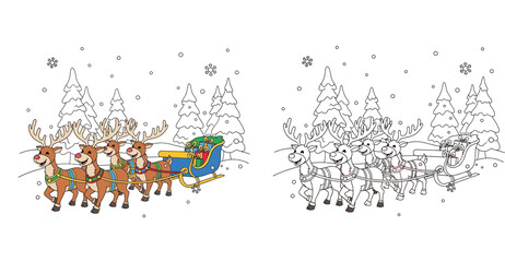 Christmas coloring page with cute reindeer pulling Santa's sleigh full of gifts in a snowy winter forest. Colored and black and white outline vector illustration for kids. © MstTabassum