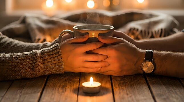 Cozy winter evening with hands wrapped around warm mug, soft knit sweater sleeves, candlelight creating intimate atmosphere on wooden table surface.