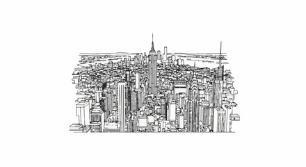Fototapeta premium A detailed black and white sketch of a dense cityscape with tall skyscrapers reaching skyward