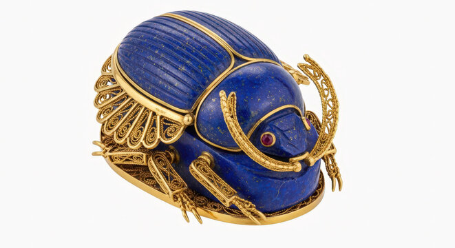 Ornate lapis lazuli egyptian scarab beetle figurine with intricate gold filigree detailing