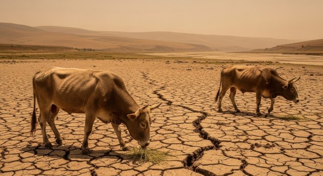starving cows in drought landscape