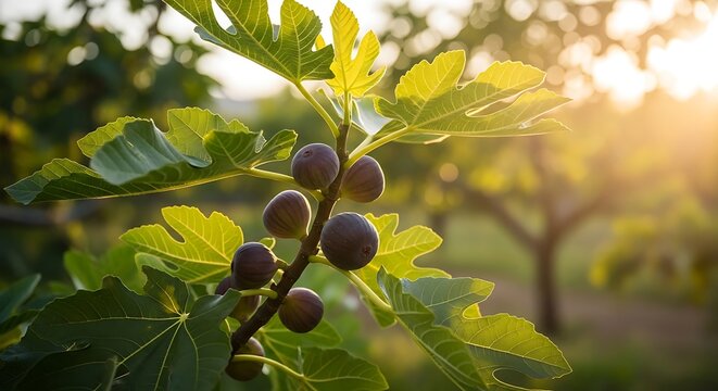 Close-up of ripening purple figs hanging from a branch under a bright sun within a soft-focus agricultural orchard background.