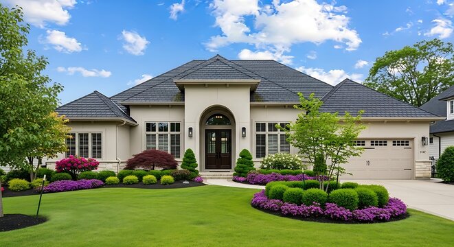 A luxurious contemporary mansion features an arched entryway and vibrant purple flowers within a perfectly manicured green suburban landscape.