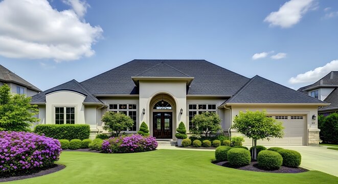 Modern suburban home with an arched stone entrance and two-car garage surrounded by lush gardens and a striped lawn.