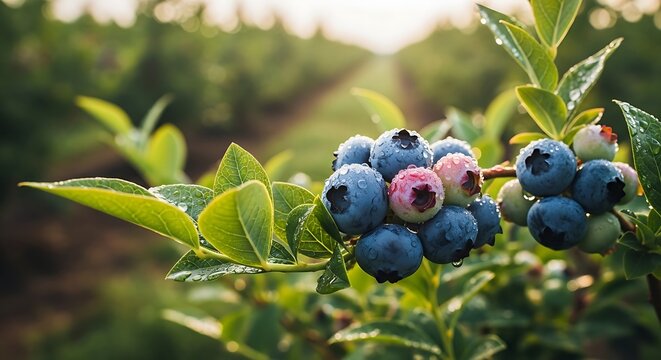 ​A cluster of fresh blueberries with morning dew hangs on a leafy branch in a sun-drenched organic farm orchard.