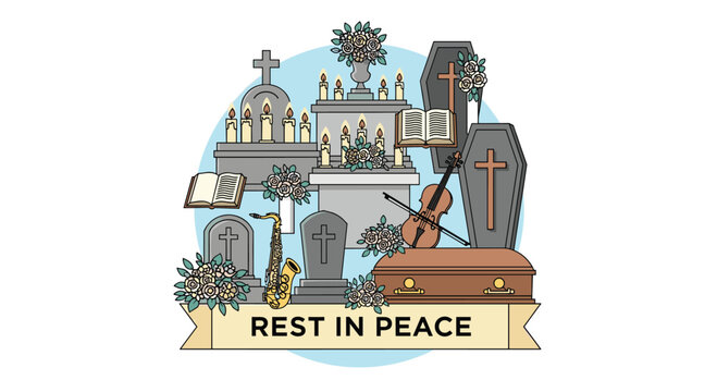Solemn funeral-themed illustration titled Rest in Peace, featuring tombstones, coffins, candles, flowers, and musical instruments.