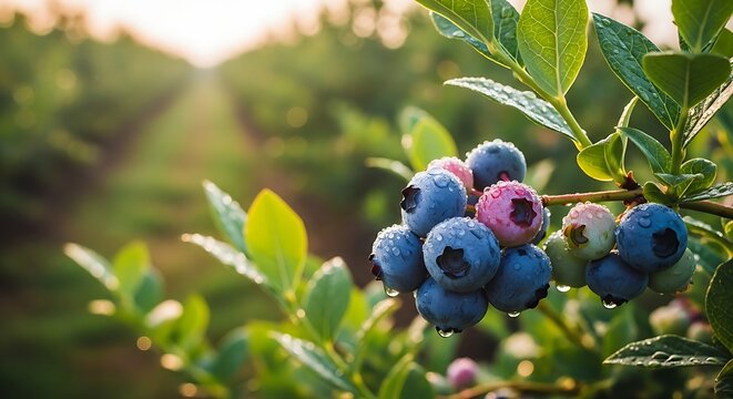 Close-up of dew-covered blue and pink berries on a vine against a blurred background of a summer harvest farm.