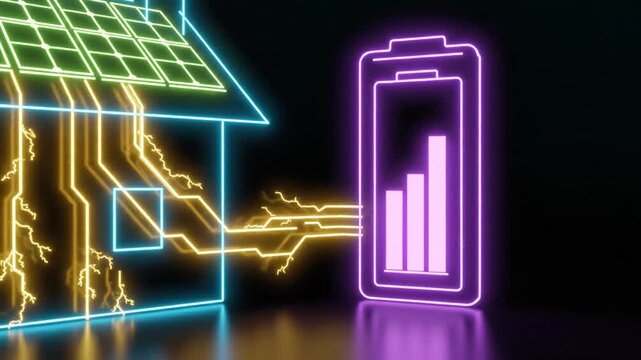 Neon house with solar panels transferring energy to battery