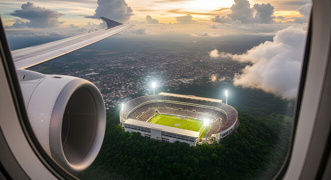 An aerial view of a packed stadium during sunset as seen from an airplane window