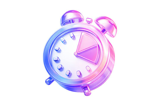 3D Iridescent Alarm Clock Icon Isolated on White Background, Vibrant Pink and Blue Shiny Glass Style for Time Management, Deadline, Morning Schedule, and Productivity Concept Rendering