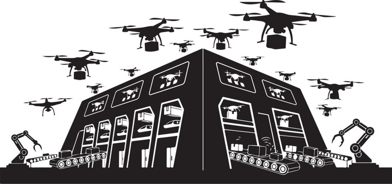 Industrial building, drones flying, robotic arms, black and white vector illustration, factory automation, warehouse technology