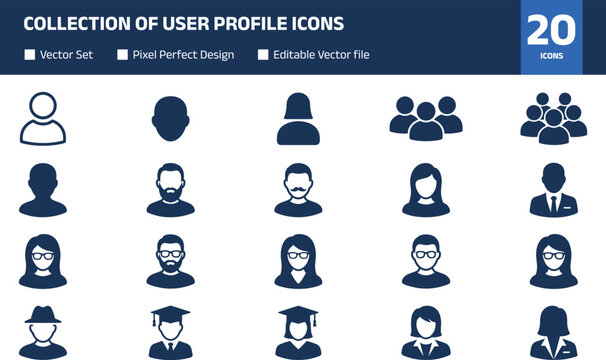 Collection of user profile icons, diverse avatar silhouettes including professionals, students and groups, black vector set for social media, UI design, business and communication use