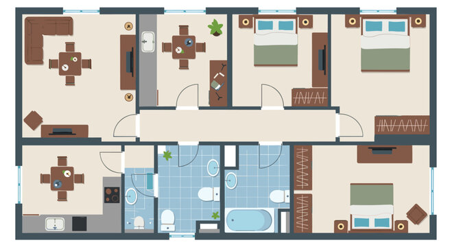 Modern architectural floor plan of a multi-room apartment with top-view furniture including bedrooms, bathrooms, and a kitchen.