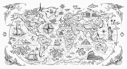 Obraz premium Whimsical hand-drawn world map with iconic landmarks, ships, and sea creatures