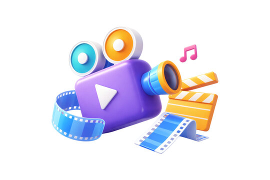 3D Video Camera and Movie Production Icons with Film Reel and Music Note, Professional Cinema Equipment Illustration for Content Creation, Multimedia, Vlogging, and Entertainment Media