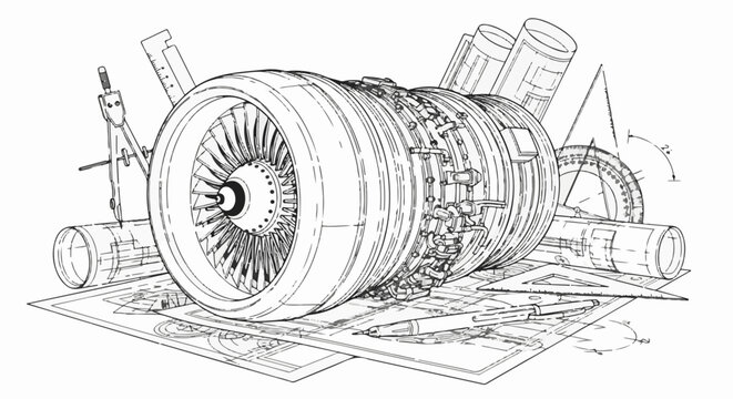 Technical drawing of a jet engine with drafting tools and blueprints