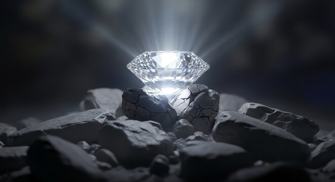 Close-up of a sparkling diamond resting on a rocky surface with a dark background.