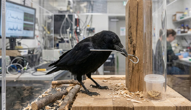 Intelligent Crow Using a Wire Tool to Extract Food in a Science Laboratory,Problem-Solving Bird: A Black Raven Bending Wire to Reach Larvae in a Clear Tube,Avian Intelligence: A New Caledonian Crow