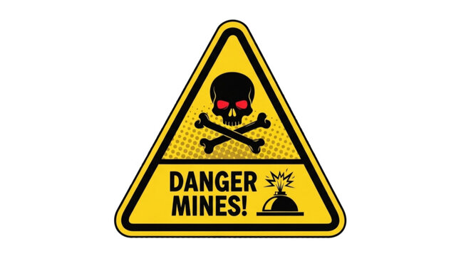 Warning sign indicating danger from landmines with skull and crossbones  